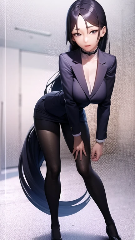 One girl, Beautiful Face、Fine grain、Detailed face、 ((black eye)), Purple Hair、Full body photo、Sexy pose, Soft Light, (Natural skin texture:1.2), (Hyperrealism:1.2), Sharp focus, Concentrated,[[Realistic]],business suit、