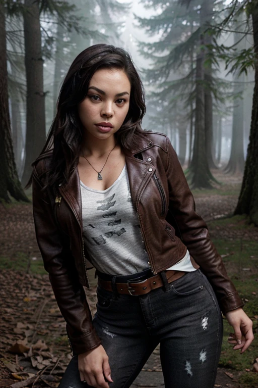 Janel Parrish, Mona Vanderwaal, Wolf, 18 years old, short messy brown black hair, brown eyes, red blouse, black jeans, brown leather jacket, black belt, silver eye pendant, white claw print Forest in the background with fog around in black.
