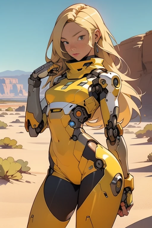 high quality, 4k, masterpiece, beautiful, cyborg girl, cowboy shot, dull eyes, front, looking at viewer, long blonde hair, girl, small breasts, fit thighs, robotic arms, robotic body, cyborg body, yellow & white uniform, orange accent, intricate detail, joint, detailed lines, robotic detail, holding fist up, holding hand up as fist, color robotic parts, robotic parts with color, perfect fingers, on a desert planet, sunny background, colorful desert, a river or a lake in the background, slender thighs, skinny thighs,