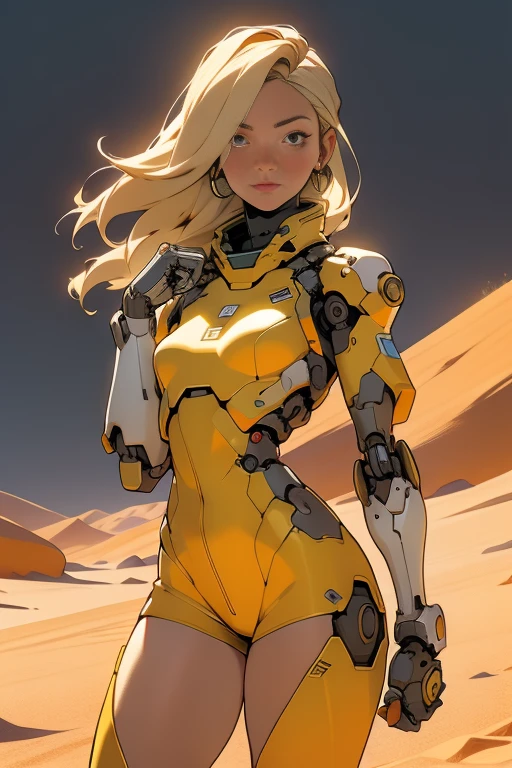 high quality, 4k, masterpiece, beautiful, cyborg girl, cowboy shot, dull eyes, front, looking at viewer, long blonde hair, girl, small breasts, fit thighs, robotic arms, robotic body, cyborg body, yellow & white uniform, orange accent, intricate detail, joint, detailed lines, robotic detail, holding fist up, holding hand up as fist, color robotic parts, robotic parts with color, perfect fingers, on a desert planet, sunny background, colorful desert, a river or a lake in the background, slender thighs, skinny thighs,