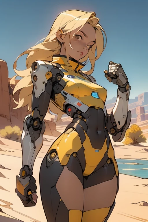 high quality, 4k, masterpiece, beautiful, cyborg girl, cowboy shot, dull eyes, front, looking at viewer, long blonde hair, girl, small breasts, fit thighs, robotic arms, robotic body, cyborg body, yellow & white uniform, orange accent, intricate detail, joint, detailed lines, robotic detail, holding fist up, holding hand up as fist, color robotic parts, robotic parts with color, perfect fingers, on a desert planet, sunny background, colorful desert, a river or a lake in the background, slender thighs, skinny thighs,