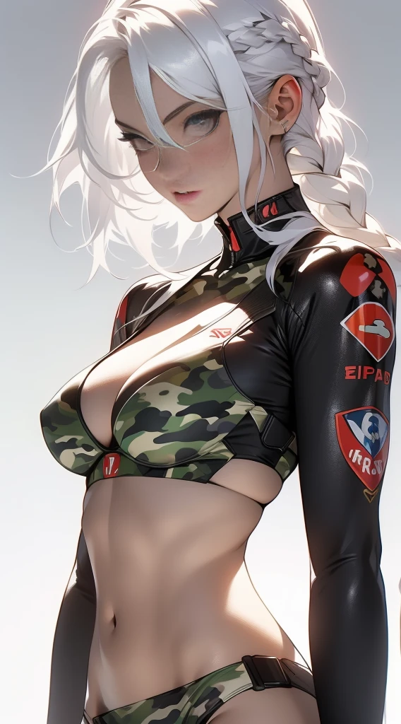 ((best quality)), ((master part)), (circunstanciado: 1.4), (Absurdo), A war-ready fighter pilot in a military bikini, marinheiro, pele escura, corpo esculpido definido, corpo inteiro, coxas nuas, boca fechada, Cyberpunk, seminua, decote generoso, ((seios enormes perfeitos)), (Olhos azuis claros super claros sem pupilas), (((Military camouflage bikini)), (((white hair with braid)))), long eyelashes heavy makeup, suspender belt, Comparar muito, niji --V5, perto do real, psicopata, rosto perfeito, Pose sexy, Background with a giant Evangelion head, 2 piece outfit, Foi, Centrado, size according to dimensions, HDR (high dynamic range),ray tracing, NVIDIA RTX,Super-Resolution,Unreal 5,underground dispersal, Textura PBR, Post-processing, anisotropic filtering, profundidade de campo, Maximum clarity and sharpness, texturas multicamadas, Mapas de albedo e especular, Sombreamento superficial, Accurate simulation of light-material interaction, perfectly proportions, octan render, dual-tone lighting, inauguration, ISO baixo, white-balance, rule of thirds, 8K BRUTO, crysisnanosuit bikini, lacuna na coxa, Quadris bonitos, Tiroteio de Cowboy