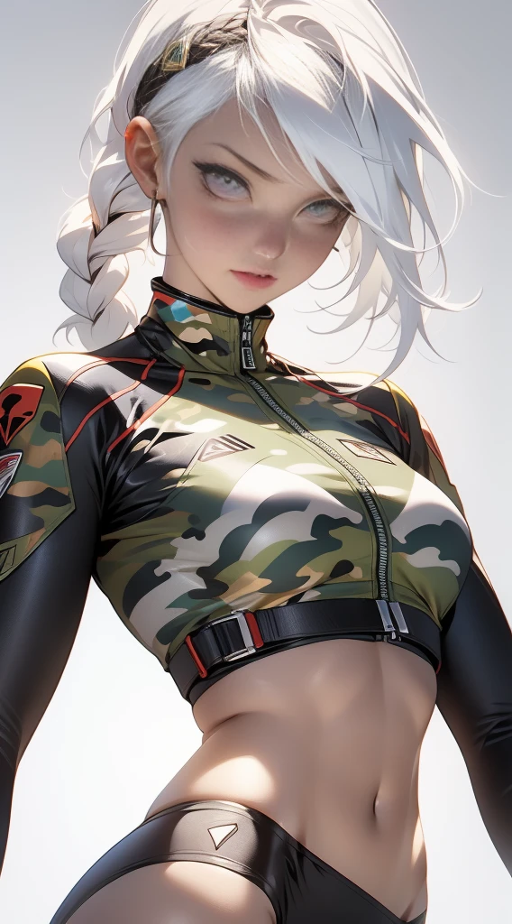 ((best quality)), ((master part)), (circunstanciado: 1.4), (Absurdo), A war-ready fighter pilot in a military bikini, marinheiro, pele escura, corpo esculpido definido, corpo inteiro, coxas nuas, boca fechada,  Cyberpunk, seminua, decote generoso, ((seios enormes perfeitos)), (Olhos azuis claros super claros sem pupilas), (((Military camouflage bikini)),  (((white hair with braid)))), long eyelashes heavy makeup, suspender belt, Comparar muito, niji --V5, perto do real, psicopata, rosto perfeito, Pose sexy, Background with a giant Evangelion head, 2 piece outfit, Foi, Centrado, size according to dimensions, HDR (high dynamic range),ray tracing, NVIDIA RTX,Super-Resolution,Unreal 5,underground dispersal, Textura PBR, Post-processing, anisotropic filtering, profundidade de campo, Maximum clarity and sharpness, texturas multicamadas, Mapas de albedo e especular, Sombreamento superficial, Accurate simulation of light-material interaction, perfectly proportions, octan render, dual-tone lighting, inauguration, ISO baixo, white-balance, rule of thirds, 8K BRUTO, crysisnanosuit bikini, lacuna na coxa, Quadris bonitos, Tiroteio de Cowboy