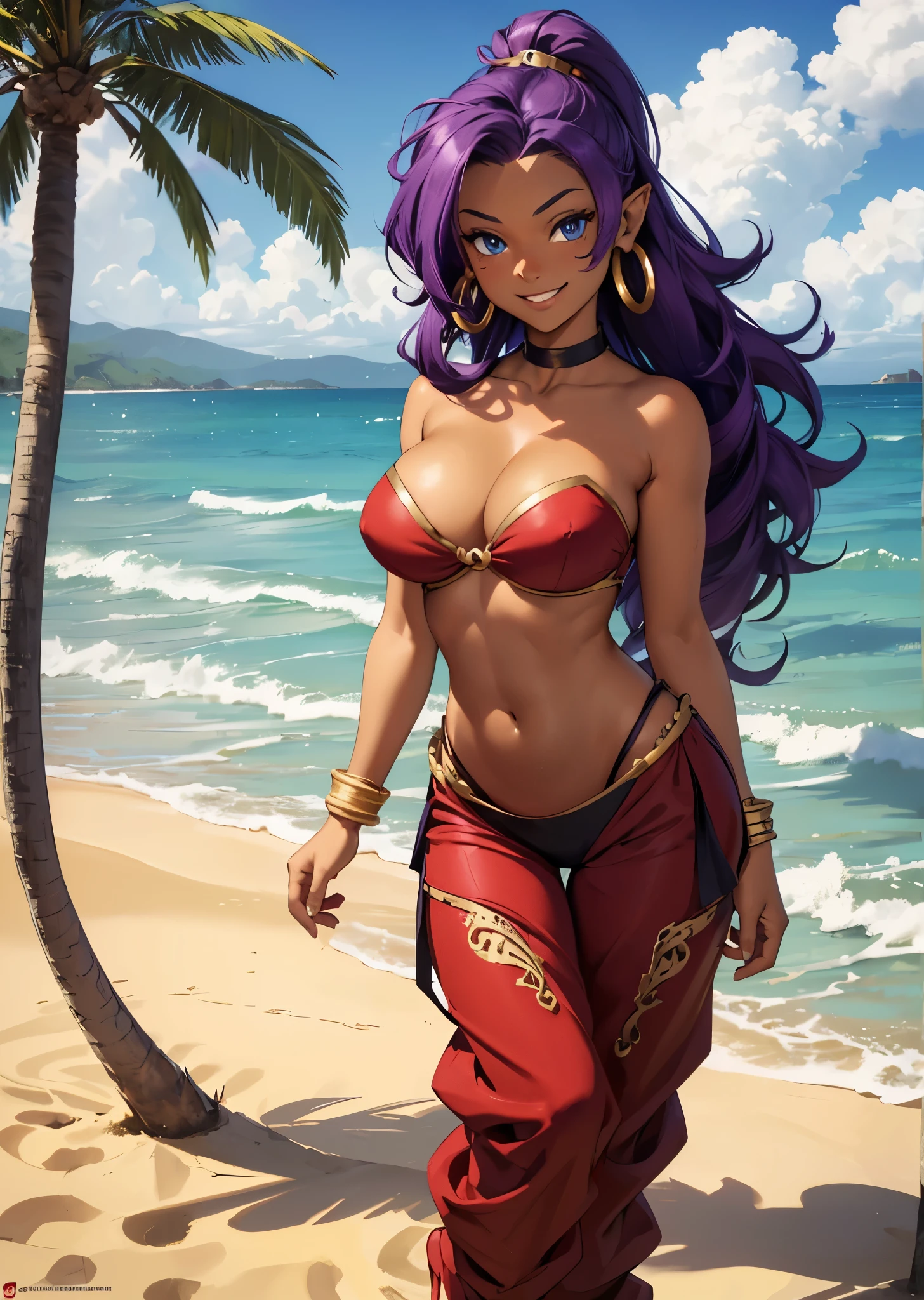 [Shantae], ((masterpiece)), ((HD)), ((highres)), ((solo portrait)), ((full body)), ((front view)), ((feet visible)), ((detailed shading)), ((intricate details)), {attractive girl, (dark skin tone), (brown skin), (purple hair), (spiky bang), (long ponytail), (cute blue eyes), (curvy hips), (defined muscles), (cute smile), (white teeth)}, {(red o-ring bandeau), (vambraces), (red harem pants), (red shoes), gold bracers, gold tiara, hoop earrings, (red choker)}, {(standing on sand), (looking at viewer)}, [background; (beach), (beautiful ocean), (blue sky), (sun rays)]