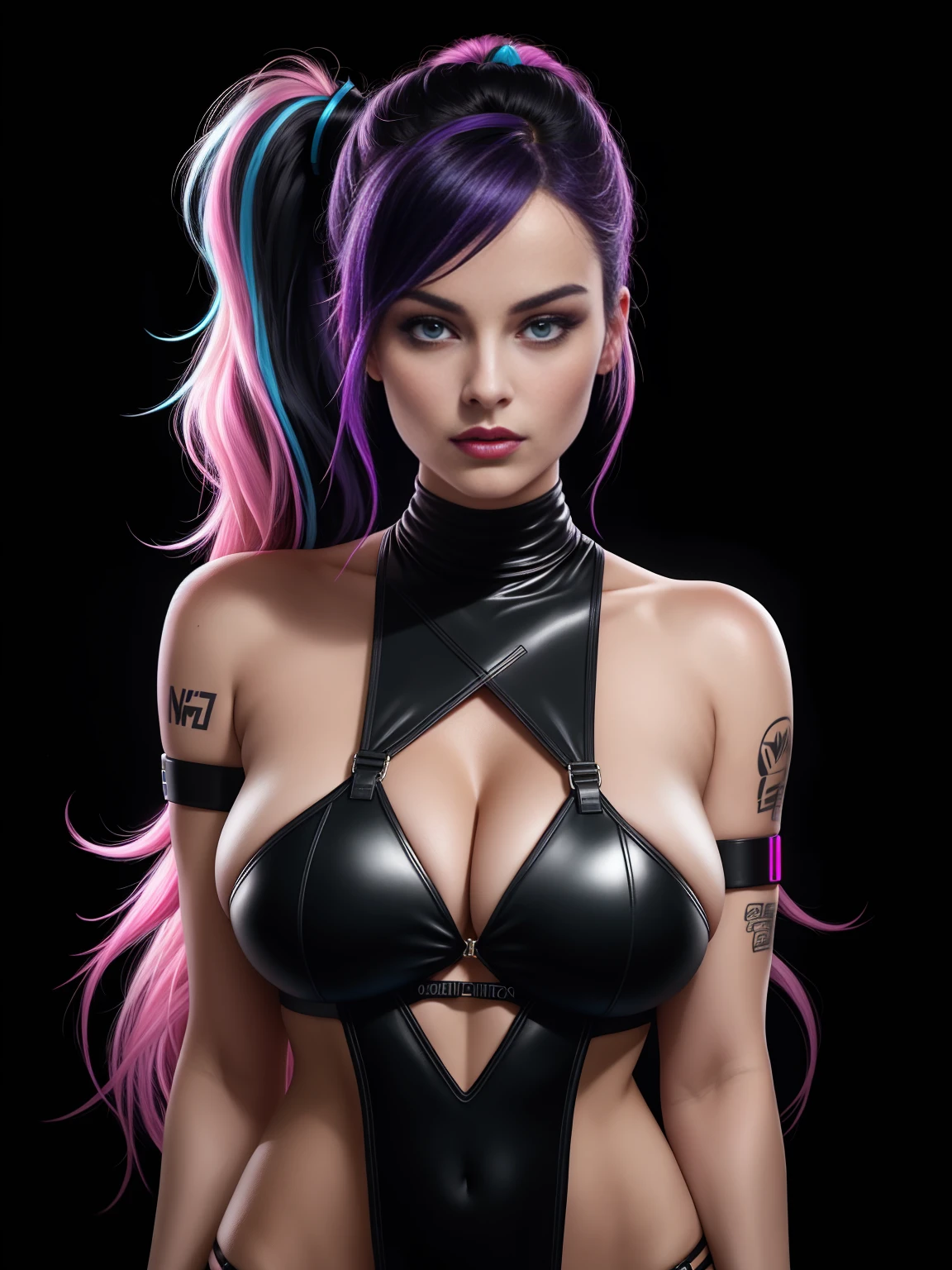 there is Margot Robbie, navy blue and bright purple neon streaked hair, hair in pony tail, 3 d neon art of a womans body, neon-noir background, cyberpunk femme fatale, seductive cyberpunk dark fantasy, cyberpunk strip clubs, cyberpunk 20 y. o model girl, oppai cyberpunk, banner, high definition cgsociety, cgsociety masterpiece, trending on cgstation, kda, random hair, looking at camera, gigantic breasts, cleavage, (high detailed skin:1.2), 8k uhd, dslr, super lighting, high quality, film grain, high res, highly detailed, hyper realistic, beautiful face, beautiful body, beautiful eyes nose lips, alluring expression, very bold, upper visible, full body photo, standing legs apart, pale translucent glowing skin, most beautiful face, cute, (well defined pubic hair:1.2)), (dark plain black background:1.4))