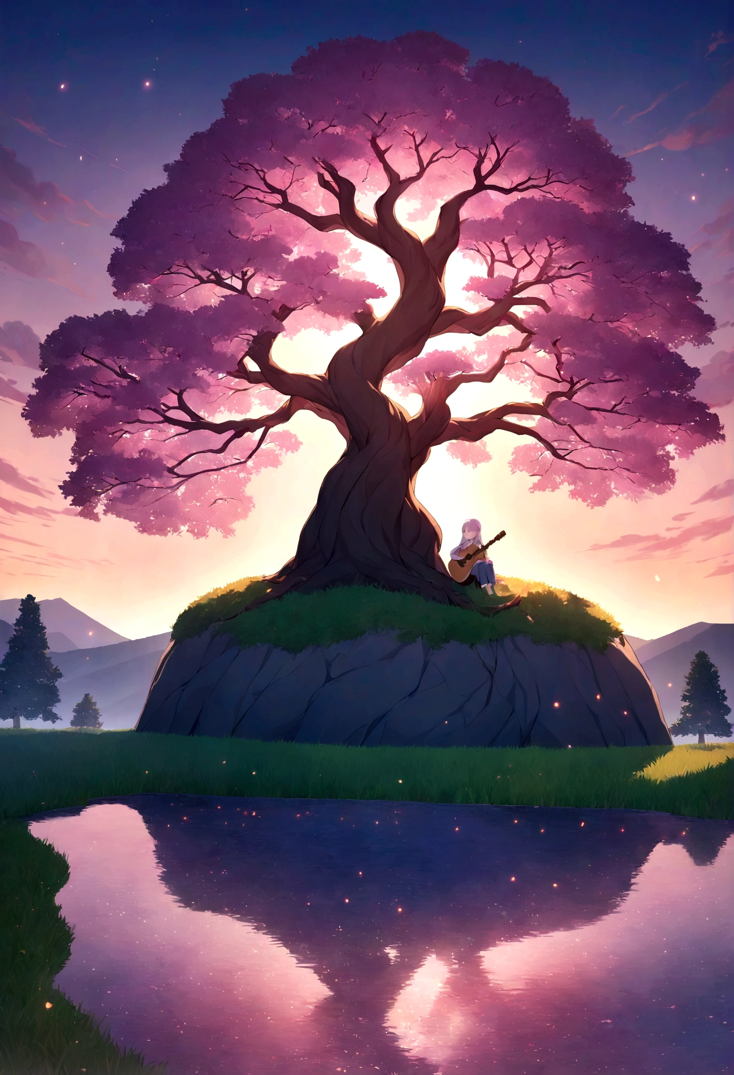 A captivating 3D rendering of a mystical cherry tree dominating a twilight meadow. The tree is adorned with transitions from deep red to soft pink, radiant orange and bluish purple, echoing the stunning colors of the sunset sky. The tree emits a magical glow, with shimmering finishes that seem to contain an inner light. Surrounding the tree is a serene cliff bathed in twilight, with rolling hills and a blue lake reflecting the vibrant sky. Fireflies gracefully dance around the tree, adding to the enchanting atmosphere. The moon reflecting on the tree and the lake. This delicate balance of light and dark creates a mesmerizing scene. Underneath the tree is a 7--old aying the guitar. evoking the beauty and mystery of a dark fantasy landscape.
