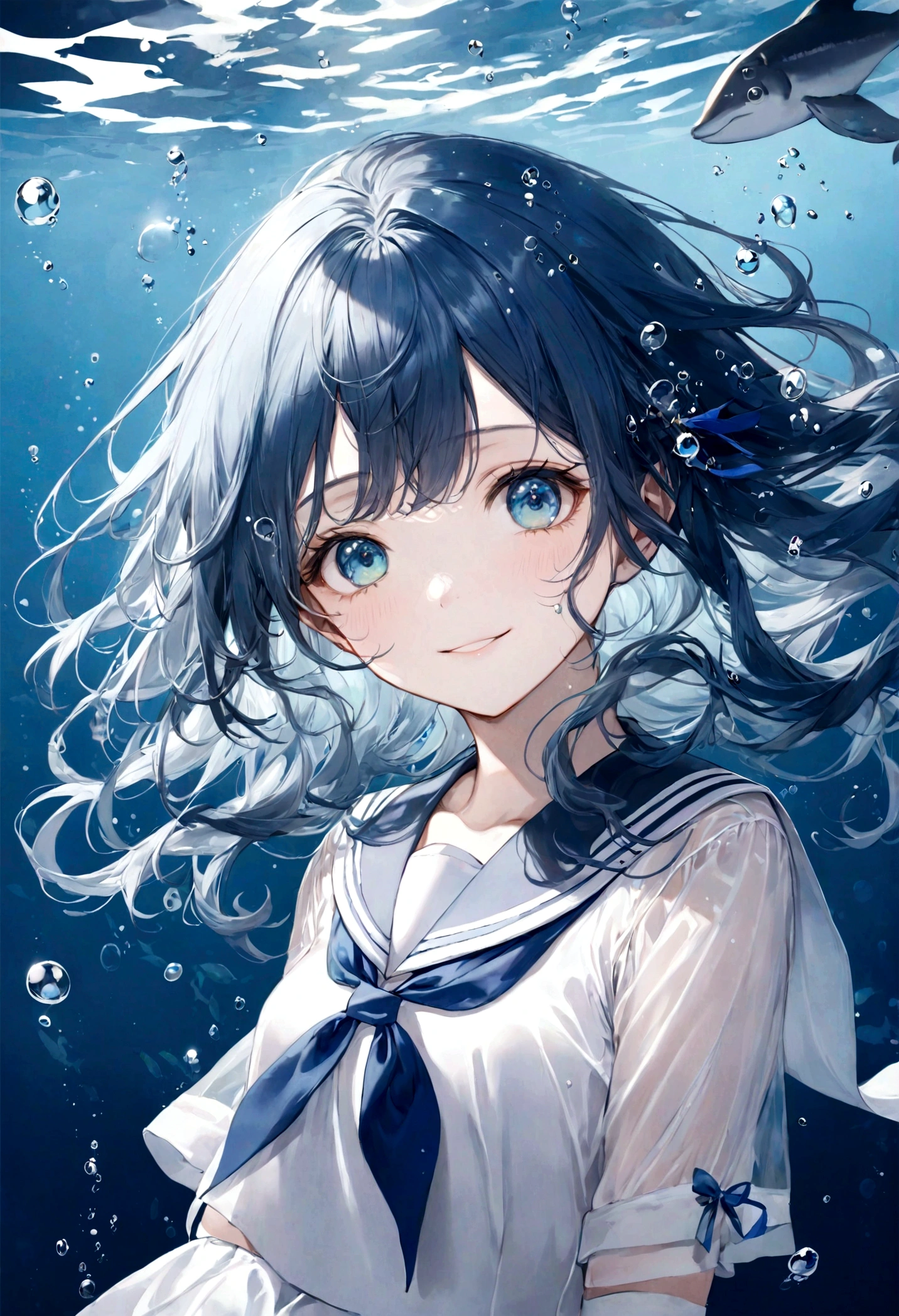 ((top-quality)), ((​masterpiece)), ((ultra-detailliert)), (extremely delicate and beautiful), watery blue hair, aquamarine hair, bright sapphire eyes, fair skin, beautiful girl, sheer white sailor uniform, navy blue ribbon ties, underwater world, cold background, air bubbles, water bubbles, underwater, sweet smile, delicate wavy hair,  shoulder length hair