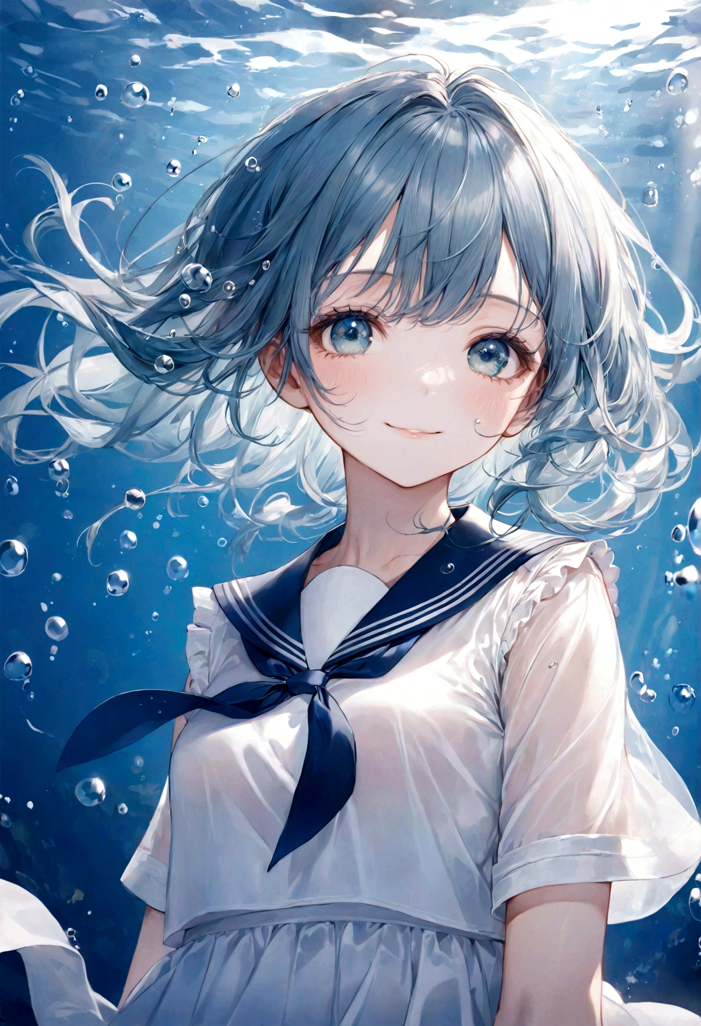 ((top-quality)), ((masterpiece)), ((ultra-detailliert)), (extremely delicate and beautiful), watery blue hair, aquamarine hair, bright sapphire eyes, fair skin, beautiful girl, sheer white sailor uniform, navy blue ribbon ties, underwater world, cold background, air bubbles, water bubbles, underwater, sweet smile, delicate wavy hair, shoulder length hair