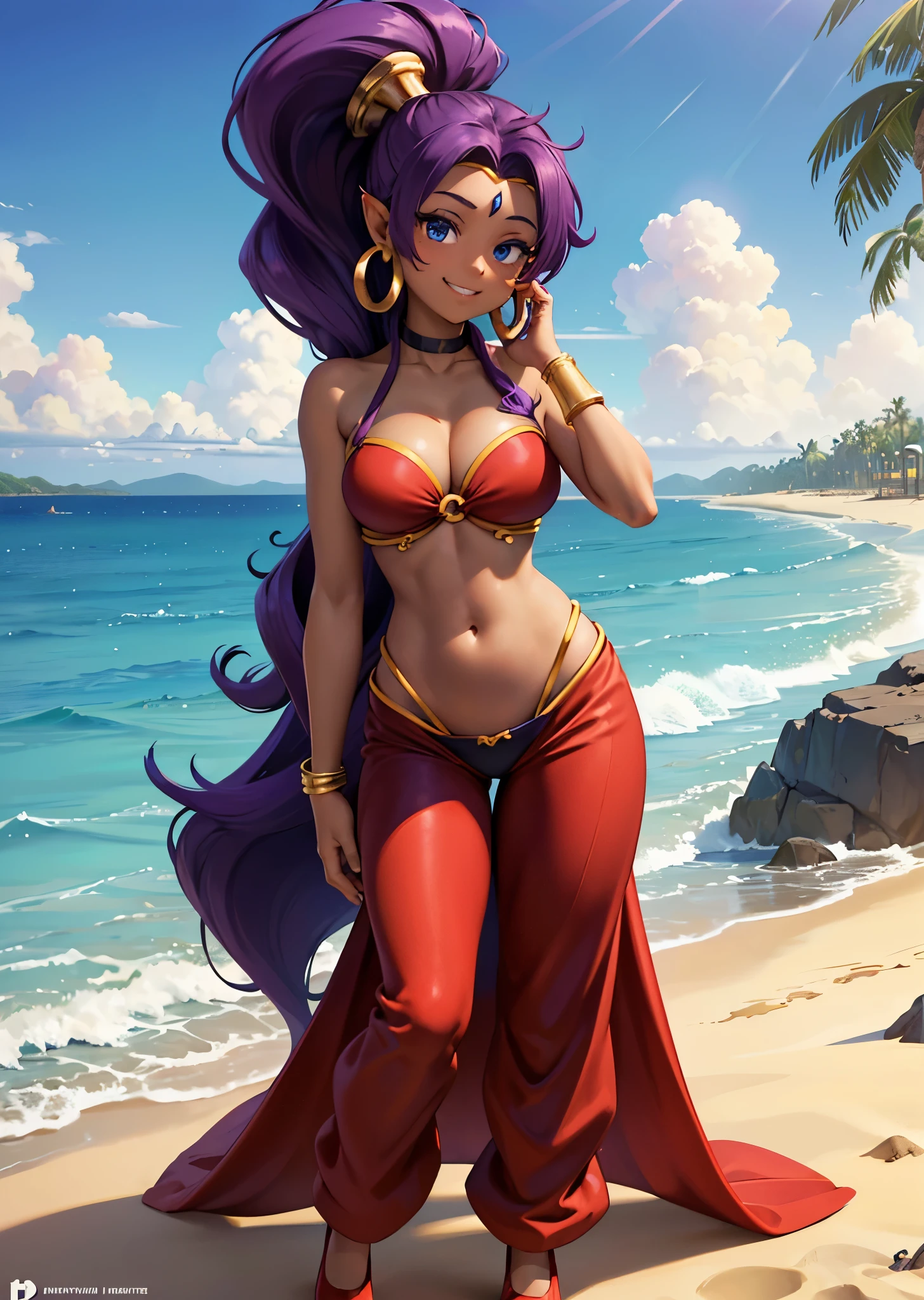 [Shantae], ((masterpiece)), ((HD)), ((highres)), ((solo portrait)), ((full body)), ((front view)), ((feet visible)), ((detailed shading)), ((intricate details)), {attractive girl, (dark skin tone), (brown skin), (purple hair), (spiky bang), (long ponytail), (cute blue eyes), (curvy hips), (defined muscles), (cute smile), (white teeth)}, {(red o-ring bandeau), (vambraces), (red harem pants), (red shoes), gold bracers, gold tiara, hoop earrings, (red choker)}, {(standing on sand), (looking at viewer)}, [background; (beach), (beautiful ocean), (blue sky), (sun rays)]