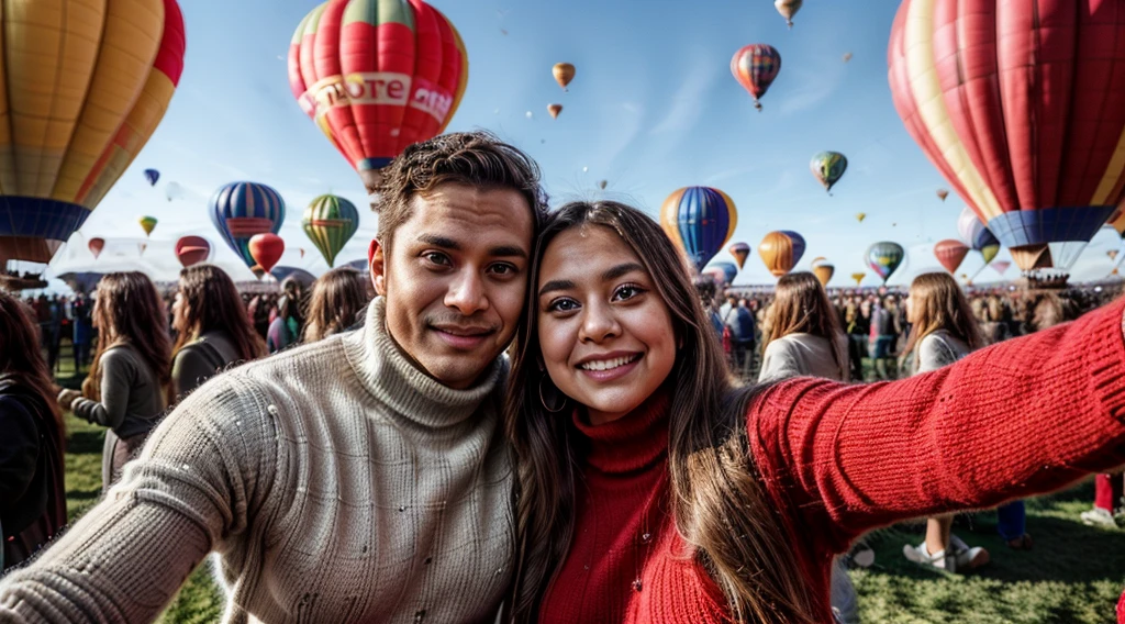 A loving couple standing pose. a man and a girl wearing red and blue turtleneck knitted sweater.both of the cuddling and selfie together. at splendid hot-air balloon festival in full swing, a multitude of colorful balloons ascending into a clear, blue sky, creating a kaleidoscope of colors, with people below gazing in awe and wonder, capturing the excitement and festivity of the event, background.