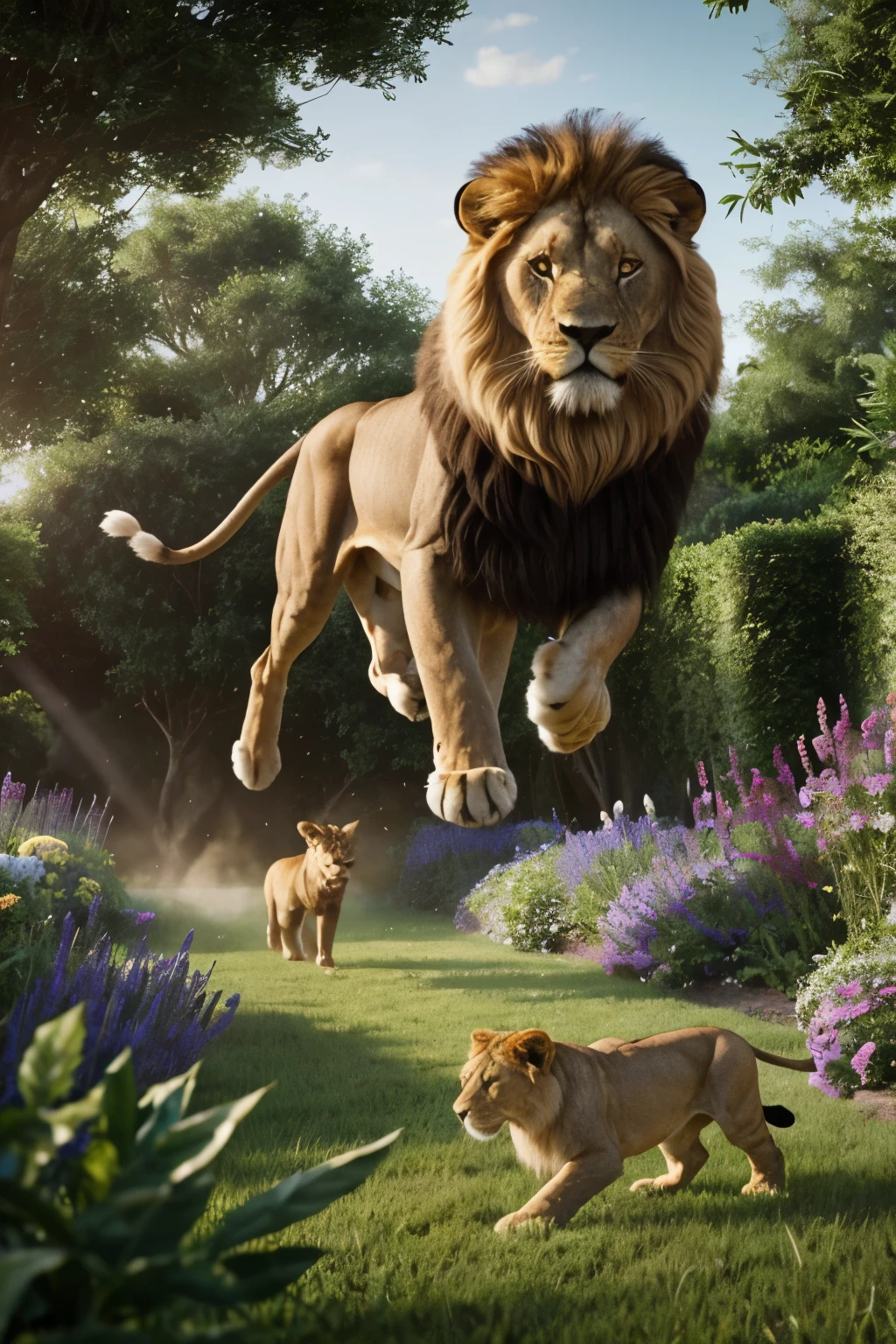 A majestic lion, in a breath-taking chase, darts across a lush garden teeming with an array of animals, in hot pursuit of a mischievous rabbit. The garden, brimming with an abundance of ripe fruit, creates a picturesque backdrop to the chase. The other animals, seemingly oblivious to the excitement, continue with their daily routines. The lion's muscular body, and the fluffy rabbit darting erratically, add a dynamic element to this high-definition, cinematic scene, captured in 4k resolution with a Nikon camera. The soft, natural light illuminates the scene, casting volumetric shadows and providing exceptional