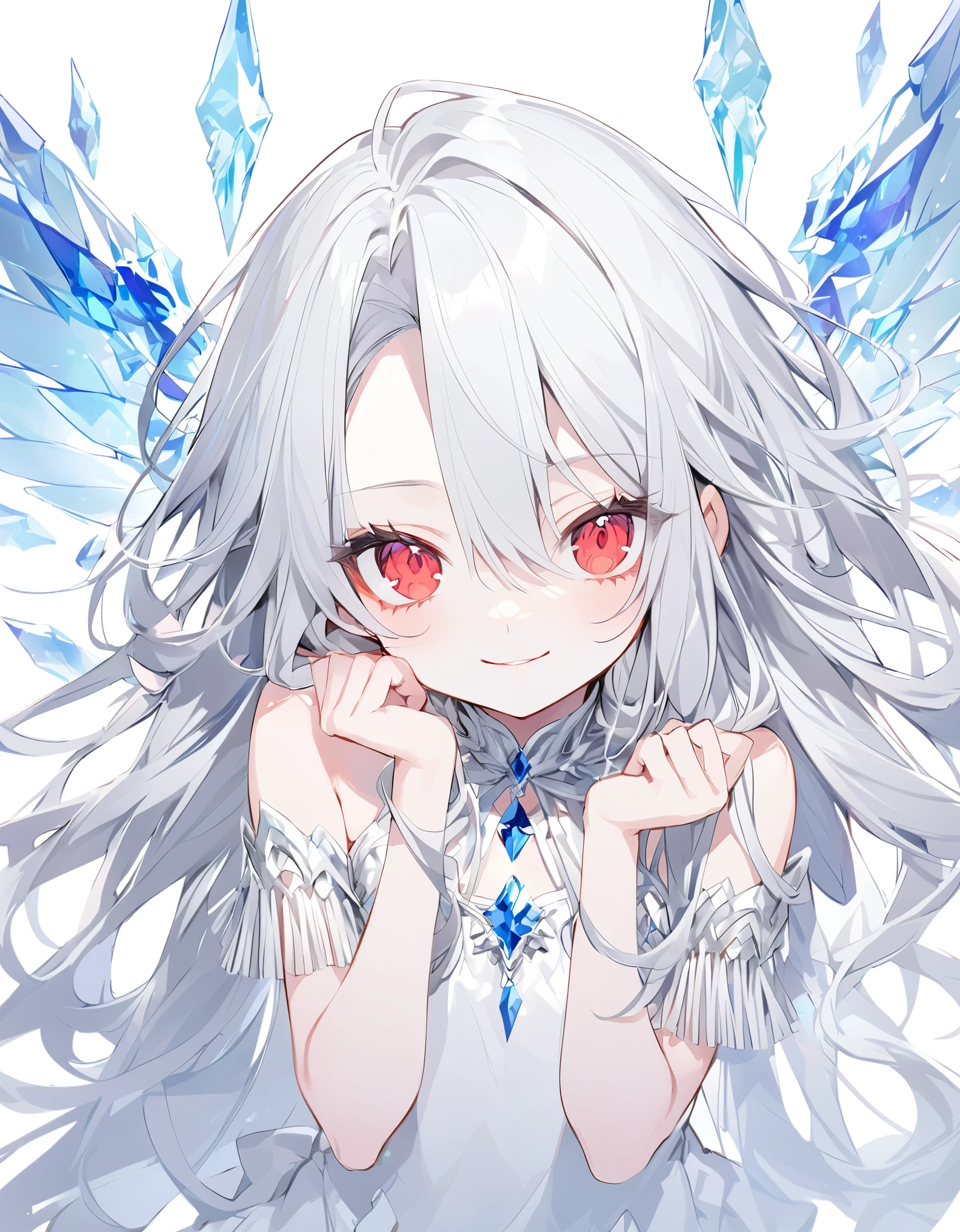 Cute pose(Sketches) (Small body)Silver Hair (Long Hair:1.4), (Crimson Eyes), (Big Hair) , (fringe), (More about the Strand), (White Background),Wicked Smile、Small Breasts Asymmetrical Hair crystal wings Wings of Ice ice Perfect hands