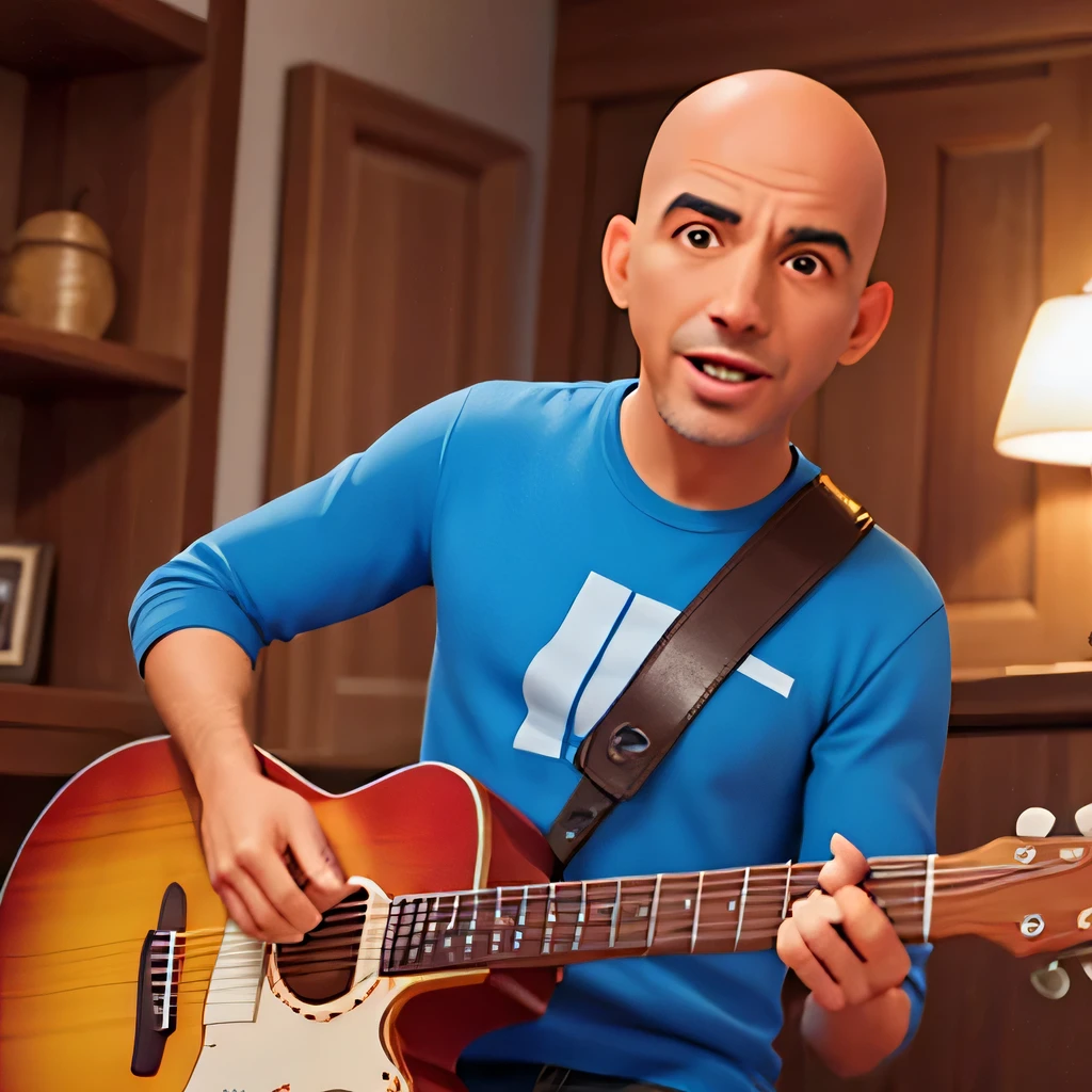 Homem careca com terno tocando guitarra beje