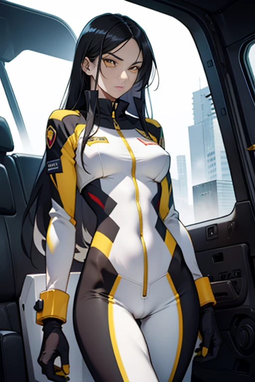 1 girl, black hair, yellow eyes, very long hair, pale skin, fit body, slender body, slim waist, large breasts, (confident expression), pilot suit, thigh gap