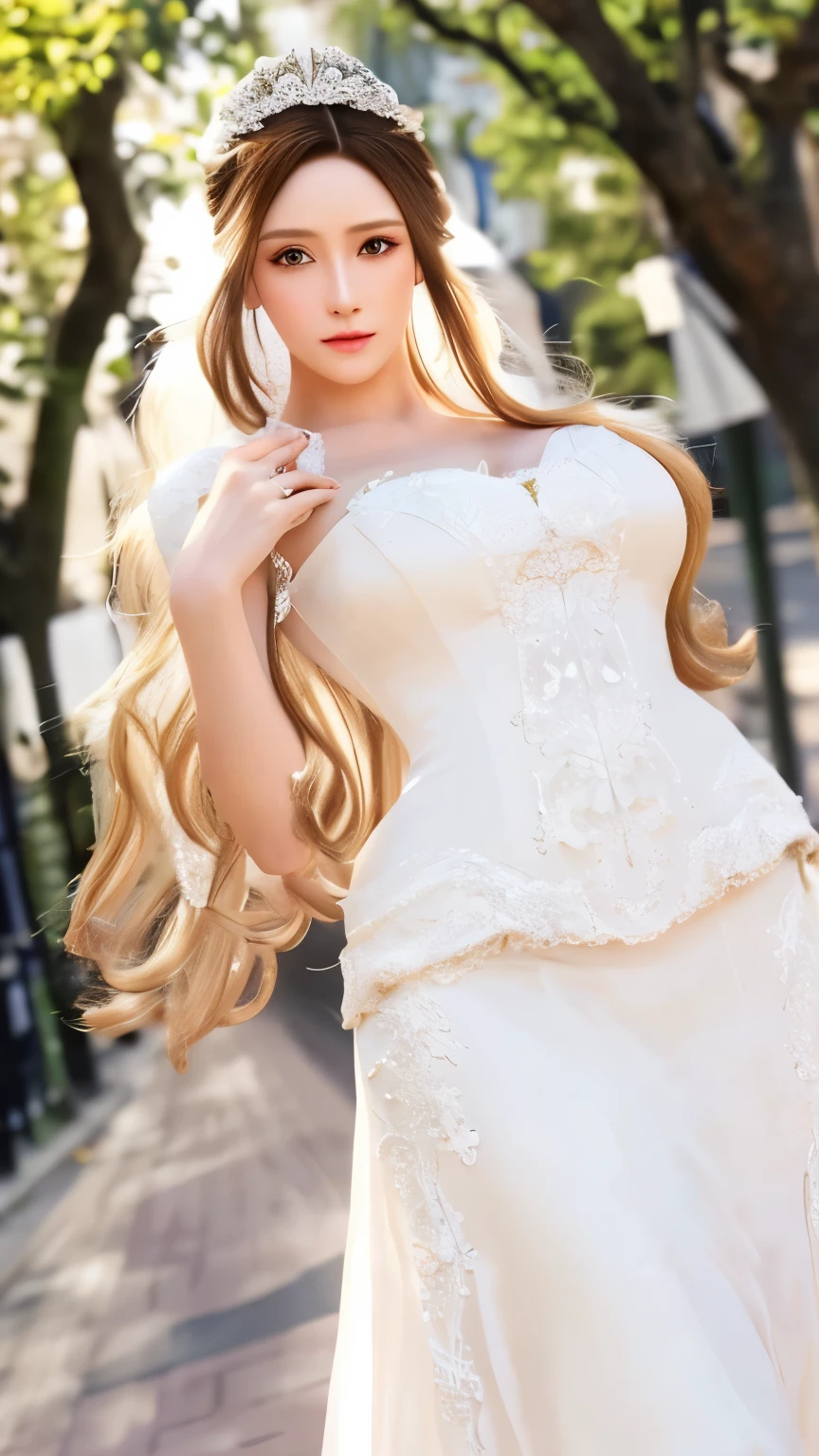 white wedding dress,standing, detailed beautiful woman,1girl,long hair,flawless detailed skin,extremely detailed face,intricate detailed eyes,delicate lips,elegant pose,hyper realistic,photorealistic,8k,ultra detailed,masterpiece,best quality,hyper resolution,ultra realistic,outdoors,in street
