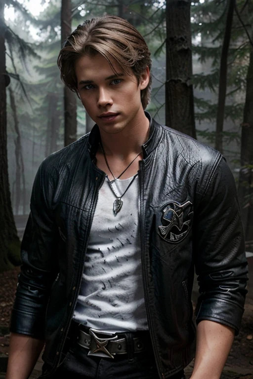 Drew Van Acker, Jason DiLaurentis, Teen Wolf, 18 years old, short messy brown blonde hair, brown eyes, metallic blue t-shirt, black jeans, black leather jacket, black belt, silver bat pendant, white claw print Forest in the background with fog around in black.