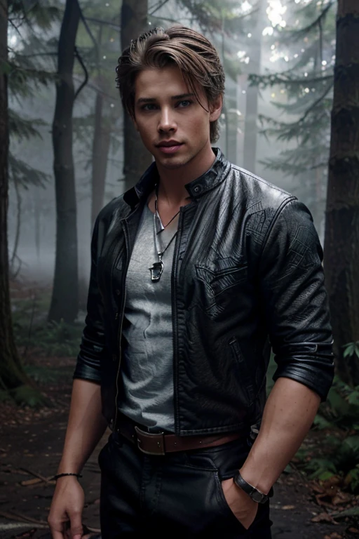 Drew Van Acker, Jason DiLaurentis,  Wolf, 18 years old, short messy brown blonde hair, brown eyes, metallic blue t-shirt, black jeans, black leather jacket, black belt, silver bat pendant, white claw print Forest in the background with fog around in black.