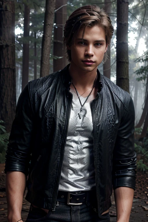 Drew Van Acker, Jason DiLaurentis, Teen Wolf, 18 years old, short messy brown blonde hair, brown eyes, metallic blue t-shirt, black jeans, black leather jacket, black belt, silver bat pendant, white claw print Forest in the background with fog around in black.