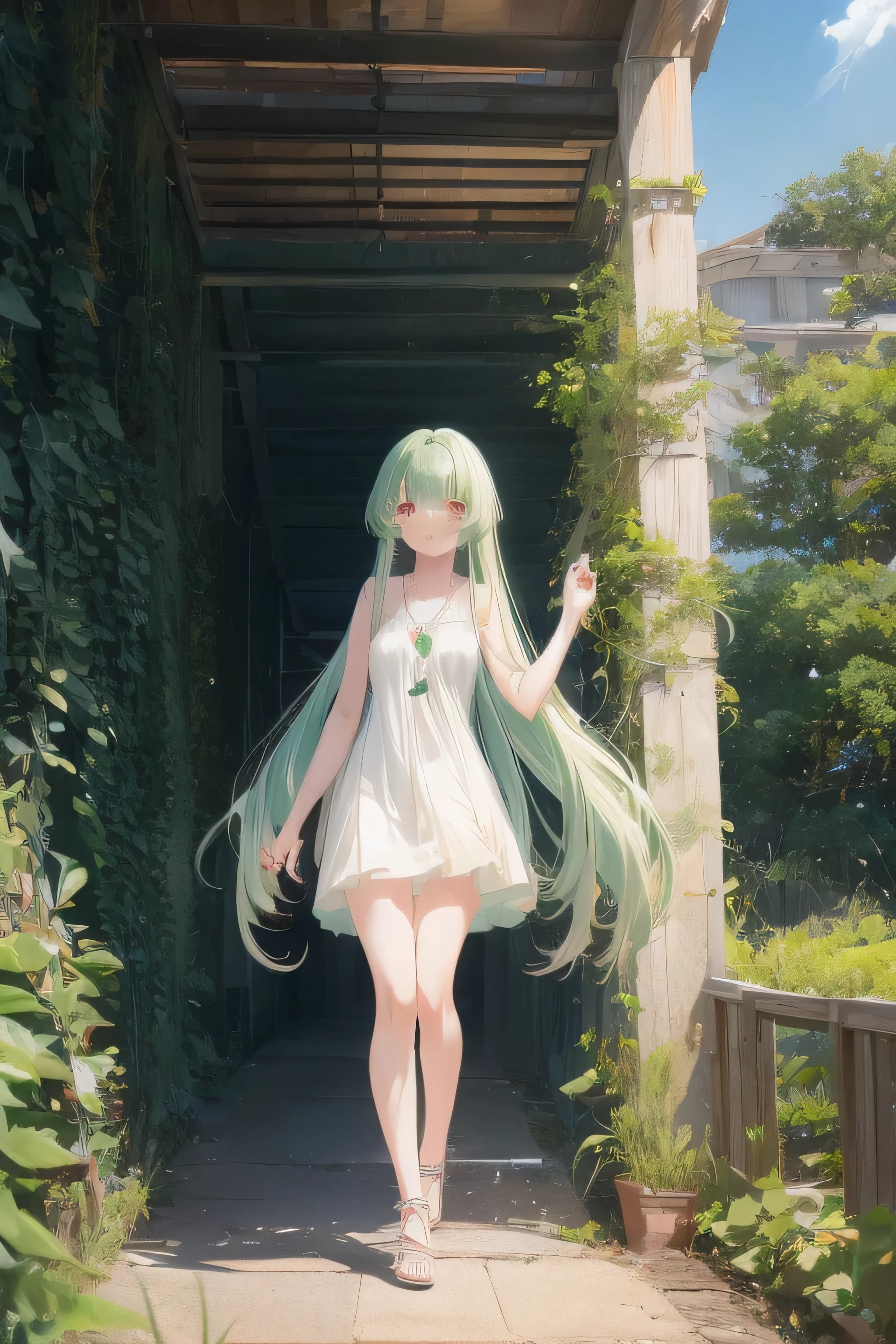 score_9, score_8_up, 1girl, solo, green eyes, long hair, green hair, looking at viewer, dress, white dress, parted lips, blush, small breasts, collarbone, standing, princess