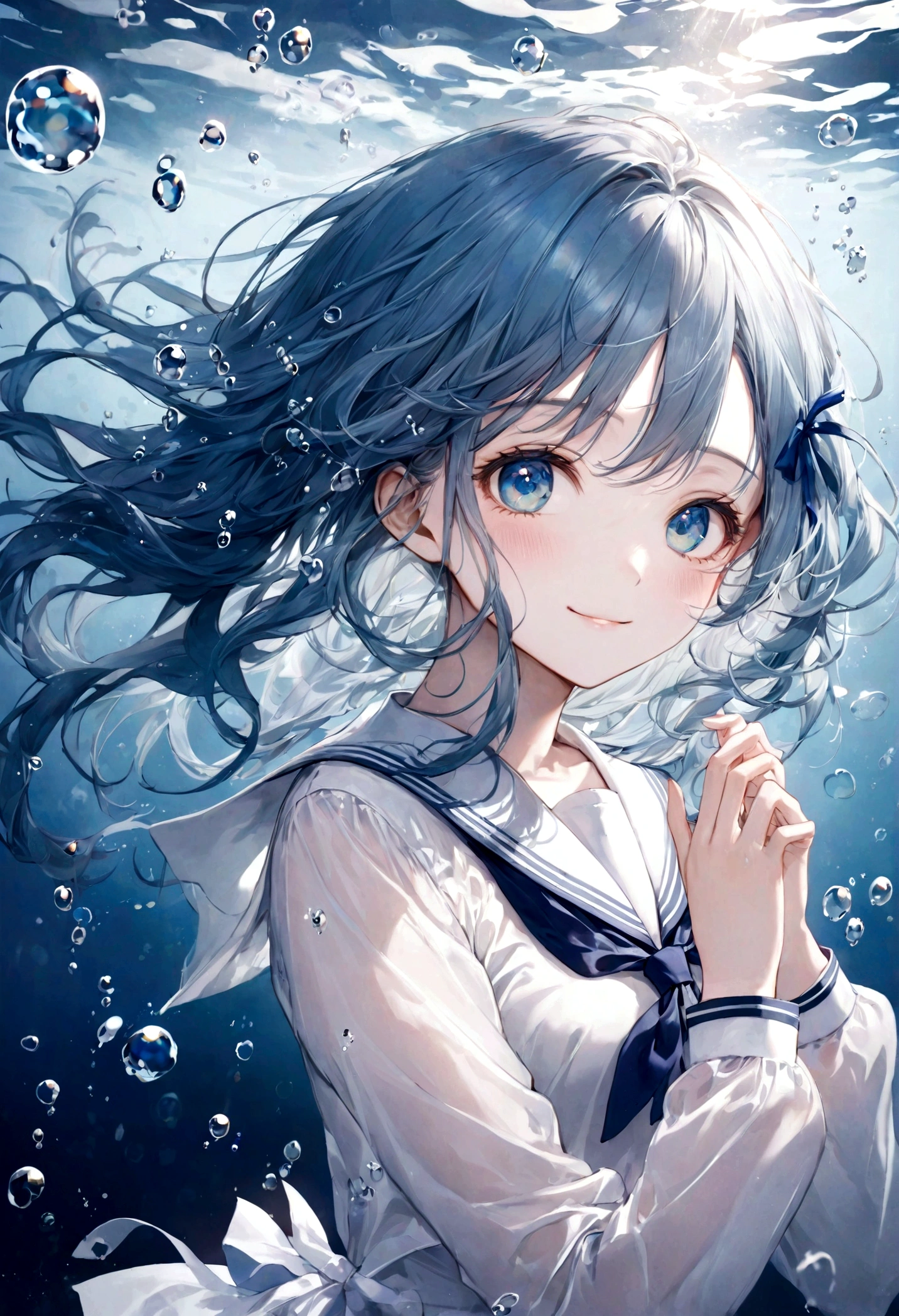 ((top-quality)), ((masterpiece)), ((ultra-detailliert)), (extremely delicate and beautiful), aquamarine blue hair, bright sapphire eyes, fair skin, beautiful woman, sheer white sailor uniform, sheer white jacket, navy blue ribbon ties, underwater world, cold background, air bubbles, water bubbles, underwater, sweet smile, delicate wavy hair, long hair
