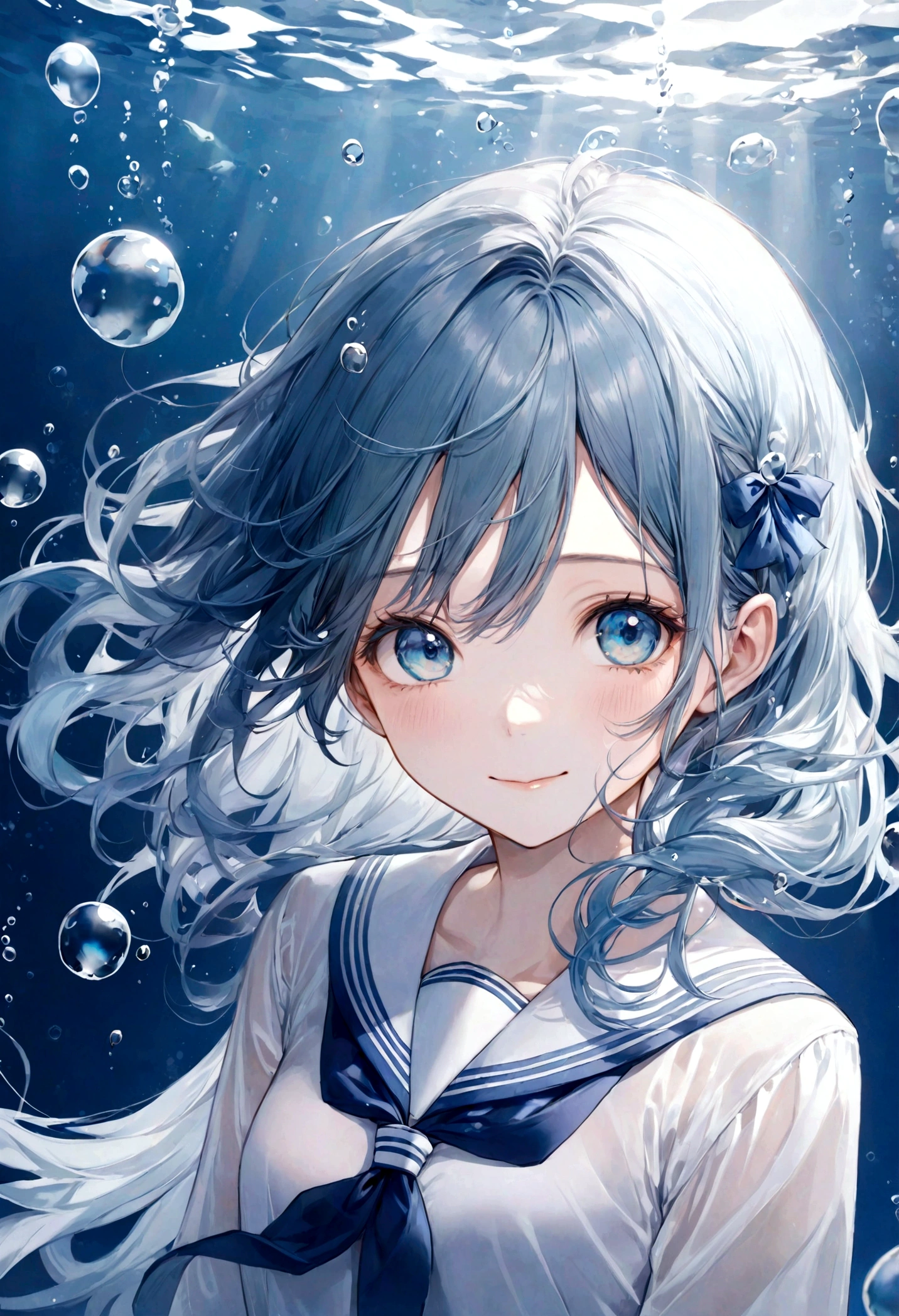 ((top-quality)), ((masterpiece)), ((ultra-detailliert)), (extremely delicate and beautiful), aquamarine blue hair, bright sapphire eyes, fair skin, beautiful woman, sheer white sailor uniform, sheer white jacket, navy blue ribbon ties, underwater world, cold background, air bubbles, water bubbles, underwater, sweet smile, delicate wavy hair, long hair