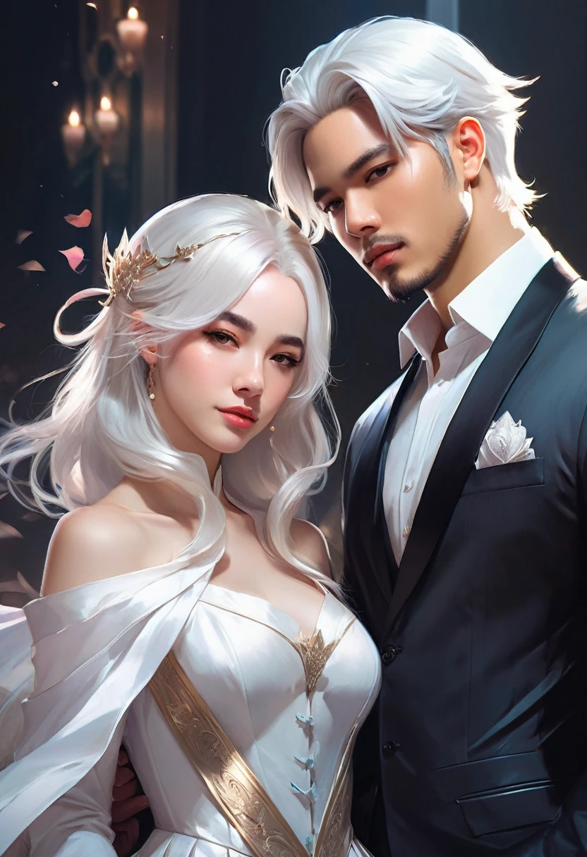 there are two people dressed in formal clothing posing for a picture, wlop and sakimichan, artwork in the style of guweiz, wlop and ross tran, wlop and andrei riabovitchev, neoartcore and charlie bowater, loish and wlop, knight and princess, loish and ross tran, with white hair