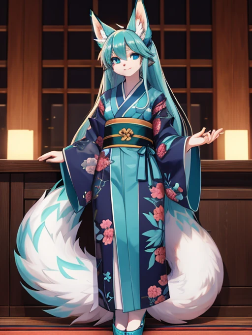 Miku Hatsune, traje kimono japones, alta definicion, 18 years old women, alta definicion, orejas de kitsune, alta definicion, delantal blanco, fullbody picture alta definicion.