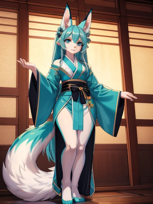 Miku Hatsune, traje kimono japones, alta definicion, 18 years old women, alta definicion, orejas de kitsune, alta definicion, delantal blanco, fullbody picture alta definicion.