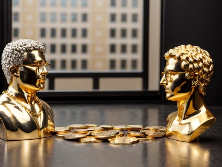 I want a sculpture of stoic philosophers with a black and white background The image should focus on philosophers holding money or on a studio building in the background. Hyperrealistic with gold chain glasses, several gold coins scattered on the floor,