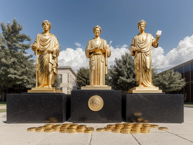 I want a sculpture of stoic philosophers with a black and white background The image should focus on philosophers holding money or on a studio building in the background. Hyperrealistic with gold chain glasses, several gold coins scattered on the floor,