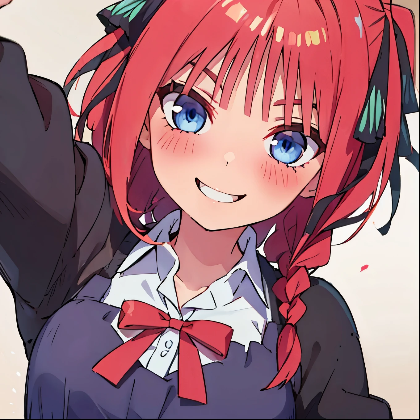 1littlegirl, nakano_nino, hair ribbons, short red hair, twin braids, blue eyes, dress shirt, cheerfull smile, solo, best quality, masterpiece, portrait, simple background, looking at the camera, from the front, 1result, vibrant, detailed, perfect anatomy, detailed art, high definition, 4k, high resolution, nino nakano, hair ribbon