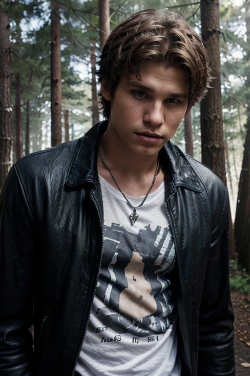Keegan Allen, Toby Cavanaug, Teen Wolf, 18 years old, short messy brown blonde hair, blue eyes, cherry t-shirt, black jeans, black leather jacket, black belt, silver bat pendant, white claw print Forest in the background with fog around in black.