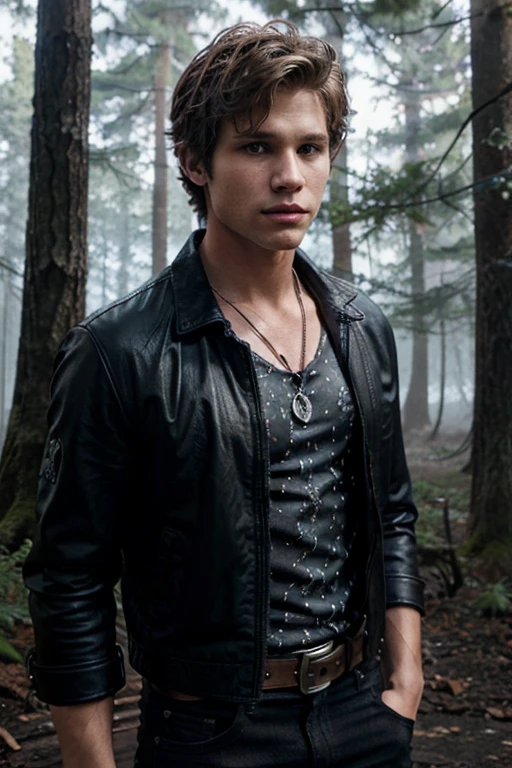 Keegan Allen, Toby Cavanaug, Teen Wolf, 18 years old, short messy brown blonde hair, blue eyes, cherry t-shirt, black jeans, black leather jacket, black belt, silver bat pendant, white claw print Forest in the background with fog around in black.