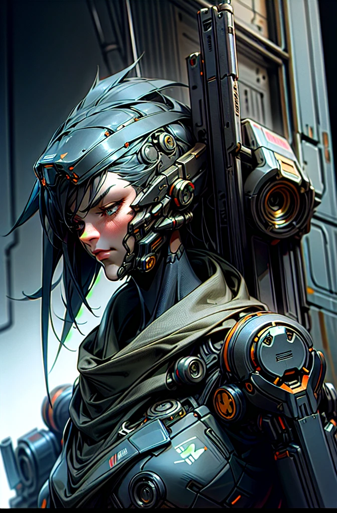 Dark_Fantasy,Cyberpunk, (black:1.1), close-up of 1 female Mecha,Robotic presence,Cybernetic guardian, (((facing camera pose))), looking at camera, plasma rifle,cyberpunk street background, cinematic lighting, dark shadows