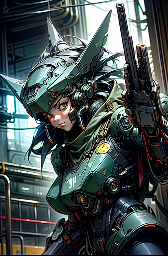 Dark_Fantasy,Cyberpunk, (black:1.1), close-up of 1 female Mecha,Robotic presence,Cybernetic guardian, (((facing camera pose))), looking at camera, plasma rifle,cyberpunk street background, cinematic lighting, dark shadows