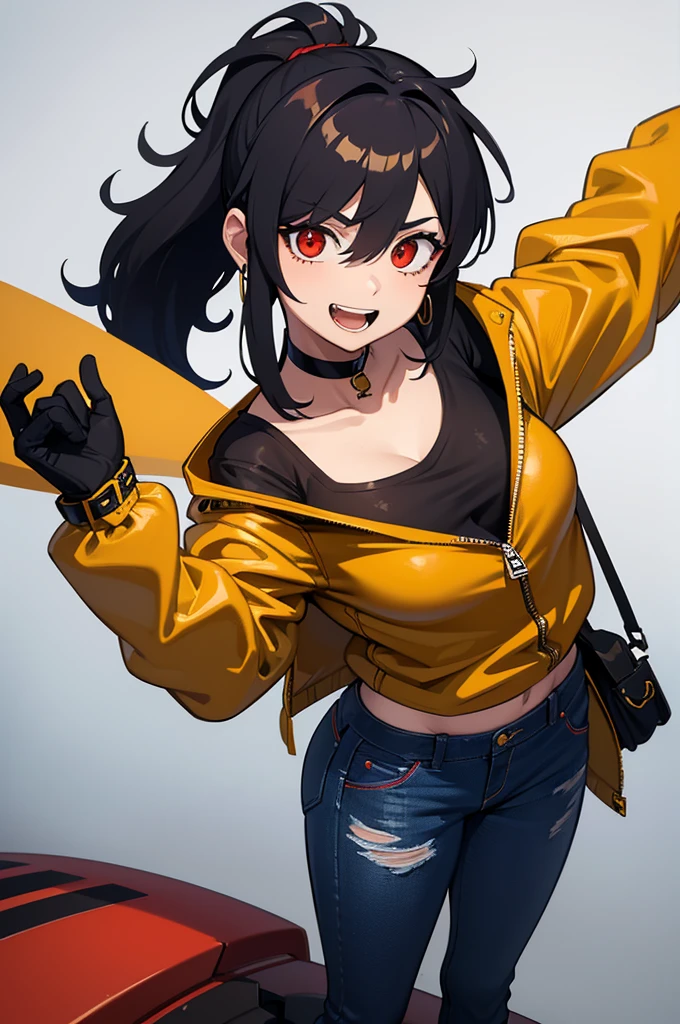POV female mechanic tomboy sitting on top, back view, looking back, long curly black hair, ponytail, open mouth, wearing goggles, long bang covering one eye, naughty red eyes, smiling, medium breasts, wearing a yellow jacket and slim jeans, choker, earrings, leather gloves (best quality:1.2), (absurdres:1.2), (detailed background)