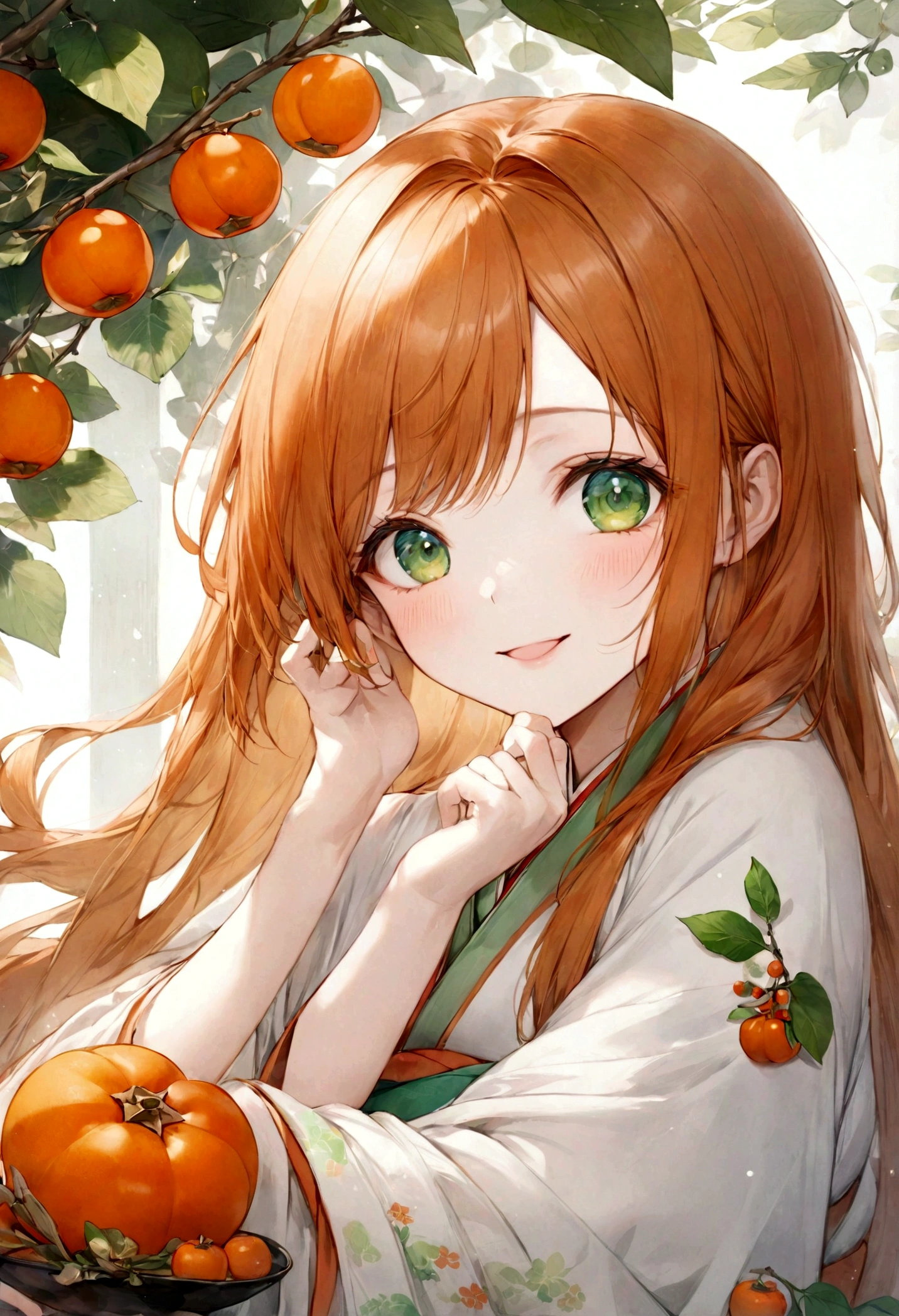 ((top-quality)), ((masterpiece)), ((ultra-detailliert)), (extremely delicate and beautiful), orange hair, long straight hair, green eyes, persimmon, hanfu, traditional clothing, mischievous smile, beautiful woman, cheerful