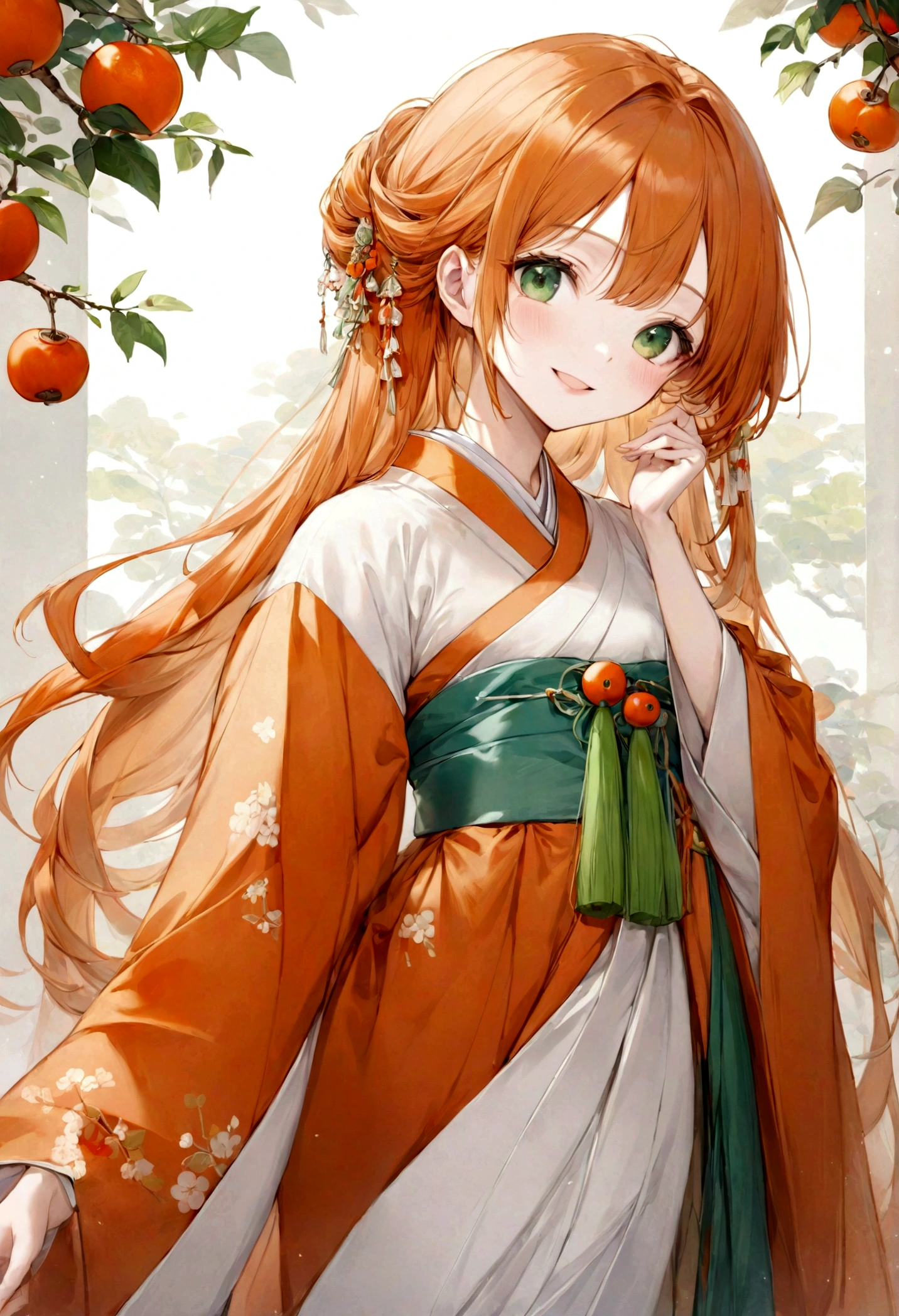 ((top-quality)), ((​masterpiece)), ((ultra-detailliert)), (extremely delicate and beautiful), orange hair, long straight hair, green eyes, persimmon, hanfu, traditional clothing, mischievous smile, beautiful woman, cheerful