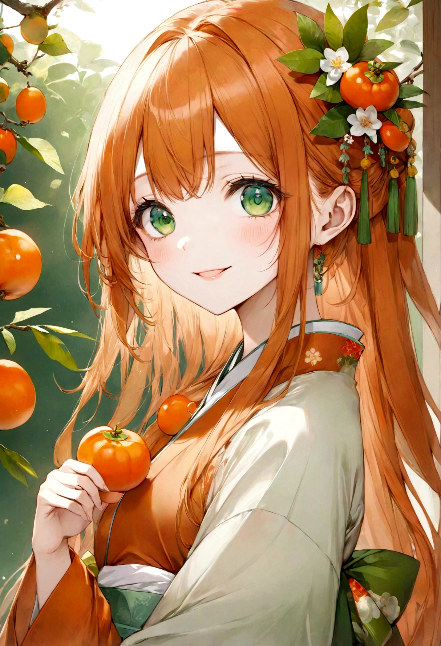 ((top-quality)), ((​masterpiece)), ((ultra-detailliert)), (extremely delicate and beautiful), orange hair, long straight hair, green eyes, persimmon, hanfu, traditional clothing, mischievous smile, beautiful woman, cheerful