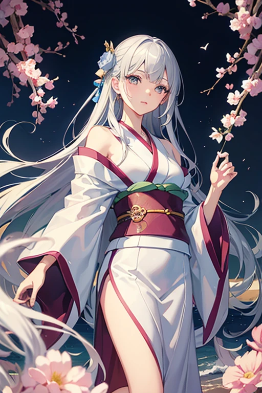 masterpiece, highest quality, High resolution,Follow the prompts、Anime Style、Silver Hair、Long Hair、Wearing a kimono