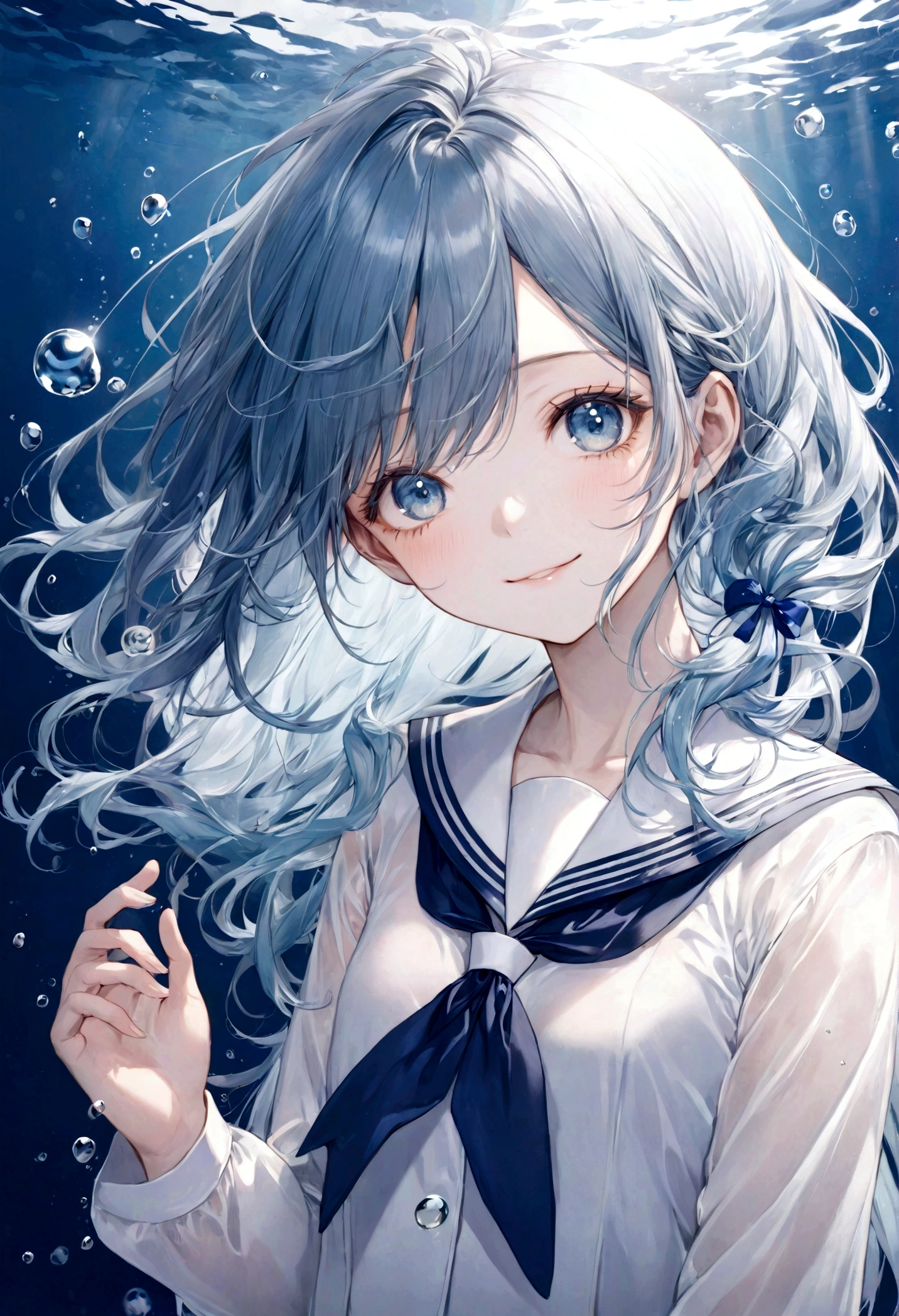 ((top-quality)), ((masterpiece)), ((ultra-detailliert)), (extremely delicate and beautiful), aquamarine blue hair, silvery blue hair, bright sapphire eyes, fair skin, beautiful woman, sheer white sailor uniform, sheer white jacket, navy blue ribbon ties, underwater world, cold background, air bubbles, water bubbles, underwater, sweet smile, delicate wavy hair, long hair