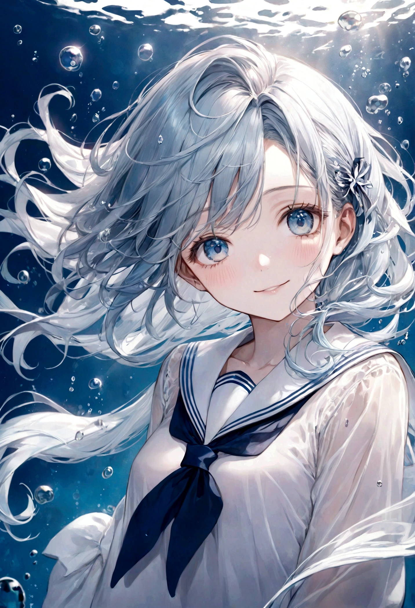 ((top-quality)), ((masterpiece)), ((ultra-detailliert)), (extremely delicate and beautiful), aquamarine blue hair, silvery blue hair, bright sapphire eyes, fair skin, beautiful woman, sheer white sailor uniform, sheer white jacket, navy blue ribbon ties, underwater world, cold background, air bubbles, water bubbles, underwater, sweet smile, delicate wavy hair, long hair