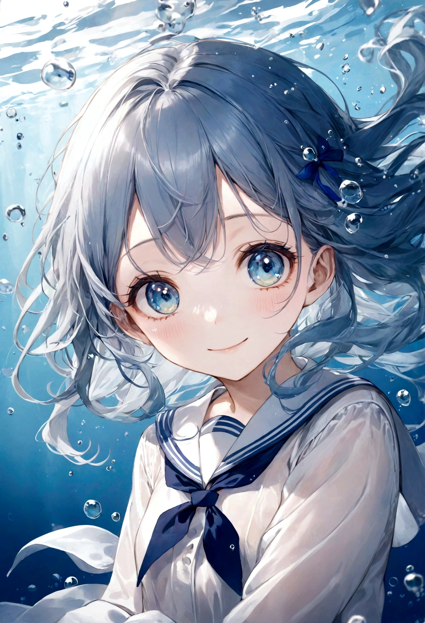 ((top-quality)), ((masterpiece)), ((ultra-detailliert)), (extremely delicate and beautiful), aquamarine blue hair, silvery blue hair, bright sapphire eyes, fair skin, beautiful woman, sheer white sailor uniform, sheer white jacket, navy blue ribbon ties, underwater world, cold background, air bubbles, water bubbles, underwater, sweet smile, delicate wavy hair, long hair