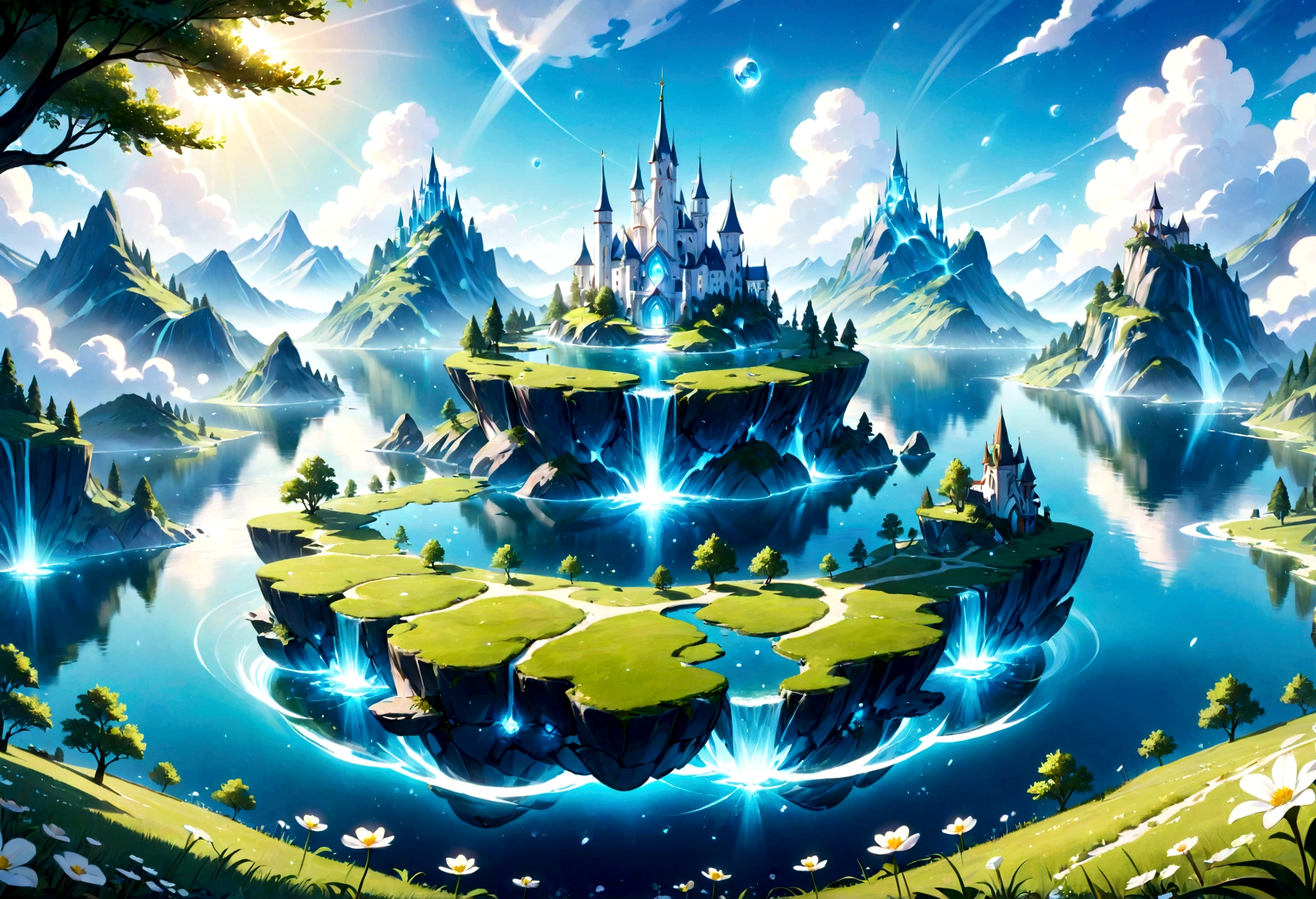 a beautiful whimsical sleepy blue and white dreamland mashup, fantasy landscape, tranquil lake, lush green meadow, floating islands, magical floating crystals, soft glowing lights, dreamy atmosphere, serene, ethereal, intricate details, highly detailed, 8k, photorealistic, masterpiece, cinematic lighting, vivid colors, imaginative, surreal, whimsical, fantasy art