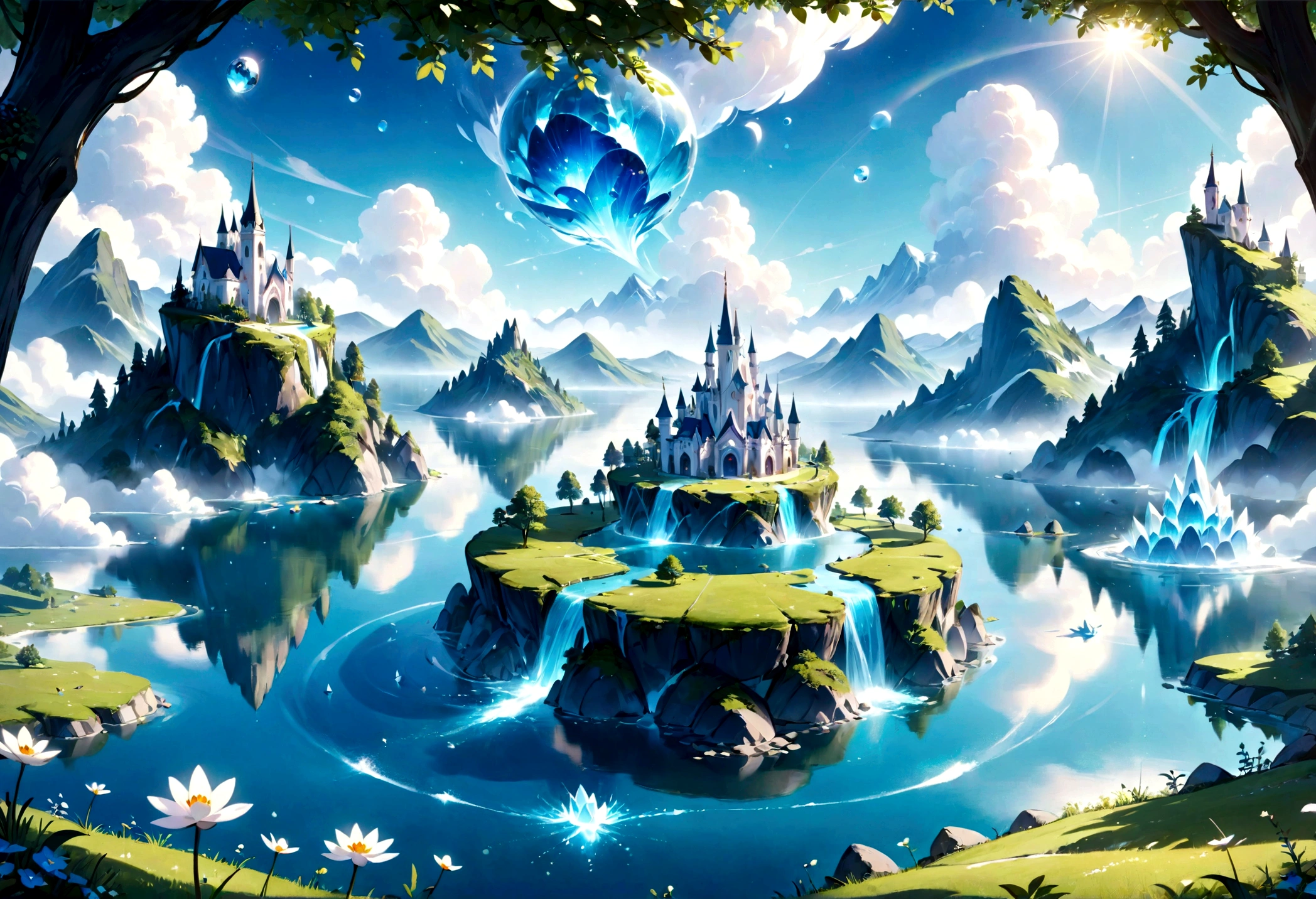 a beautiful whimsical sleepy blue and white dreamland mashup, fantasy landscape, tranquil lake, lush green meadow, floating islands, magical floating crystals, soft glowing lights, dreamy atmosphere, serene, ethereal, intricate details, highly detailed, 8k, photorealistic, masterpiece, cinematic lighting, vivid colors, imaginative, surreal, whimsical, fantasy art