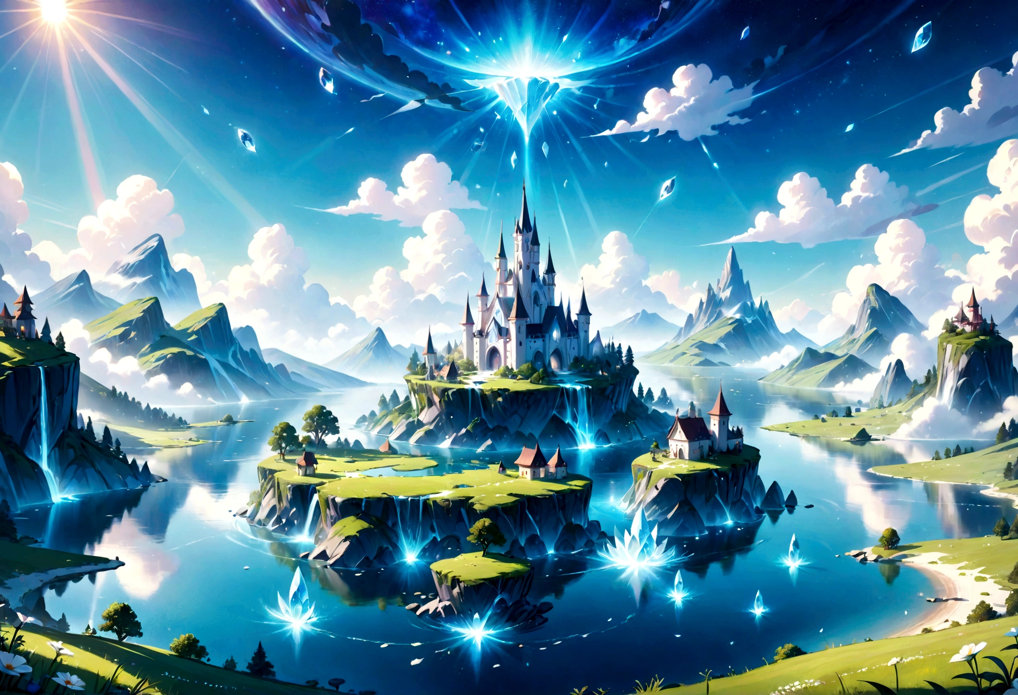a beautiful whimsical sleepy blue and white dreamland mashup, fantasy landscape, tranquil lake, lush green meadow, floating islands, magical floating crystals, soft glowing lights, dreamy atmosphere, serene, ethereal, intricate details, highly detailed, 8k, photorealistic, masterpiece, cinematic lighting, vivid colors, imaginative, surreal, whimsical, fantasy art