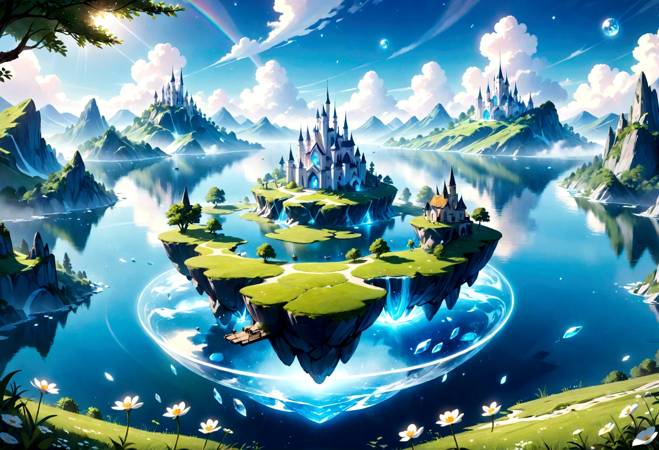 a beautiful whimsical sleepy blue and white dreamland mashup, fantasy landscape, tranquil lake, lush green meadow, floating islands, magical floating crystals, soft glowing lights, dreamy atmosphere, serene, ethereal, intricate details, highly detailed, 8k, photorealistic, masterpiece, cinematic lighting, vivid colors, imaginative, surreal, whimsical, fantasy art