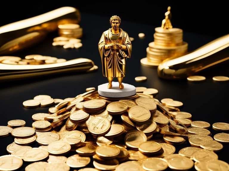I want a sculpture of stoic philosophers with a black and white background The image should focus on philosophers holding money or on a studio building in the background. Hyperrealistic with gold chain glasses, several gold coins scattered on the floor,