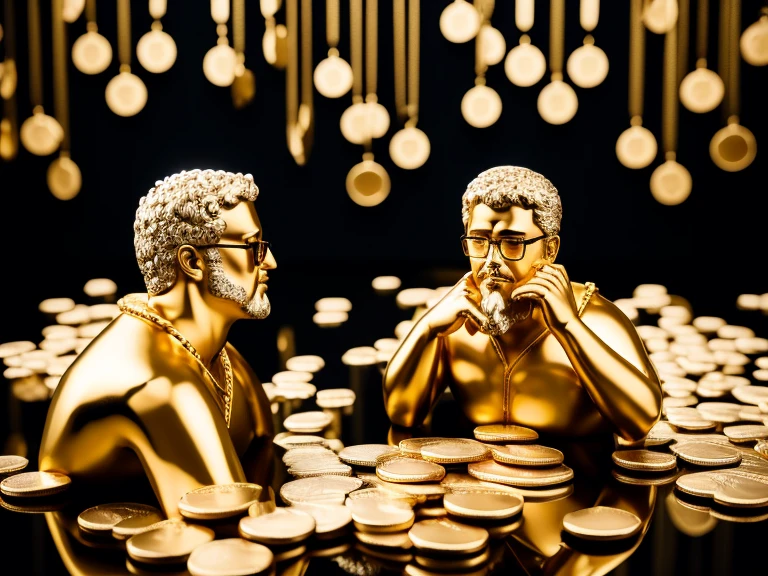 I want a sculpture of stoic philosophers with a black and white background The image should focus on philosophers holding money or on a studio building in the background. Hyperrealistic with gold chain glasses, several gold coins scattered on the floor,