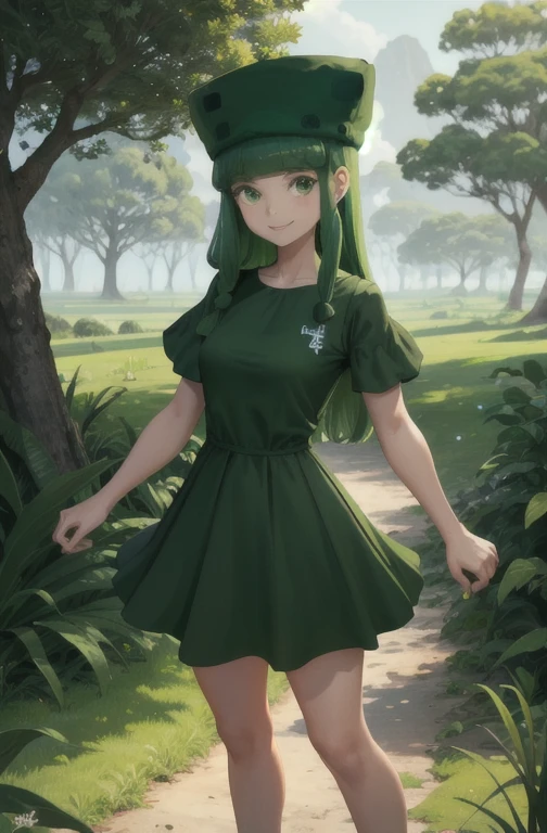 Obra de arte, melhor qualidade, fino3, pele verde, Garota gosmenta, green hat, vestido verde, seios grandes,standing, Envergonhado, grama, trees, campo, sorriso, sobrancelha franzida